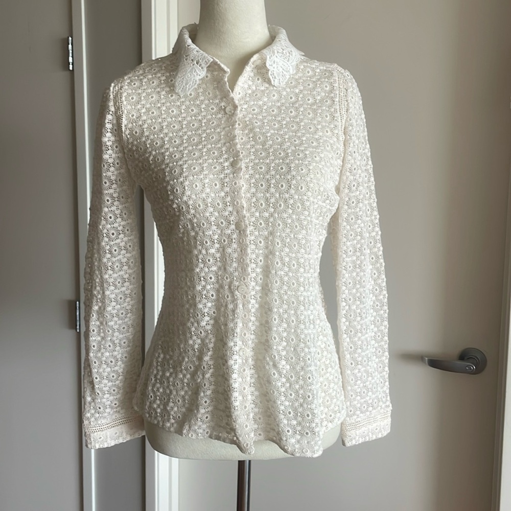 Rebecca Taylor Crochet Lace Collared Button Down Blouse Shirt Top Size 4 NWOT